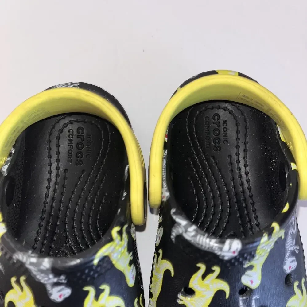 Crocs Classic Easy Icon Clog Toddler C6 Black T-Rex Dinosaur Skeleton Print